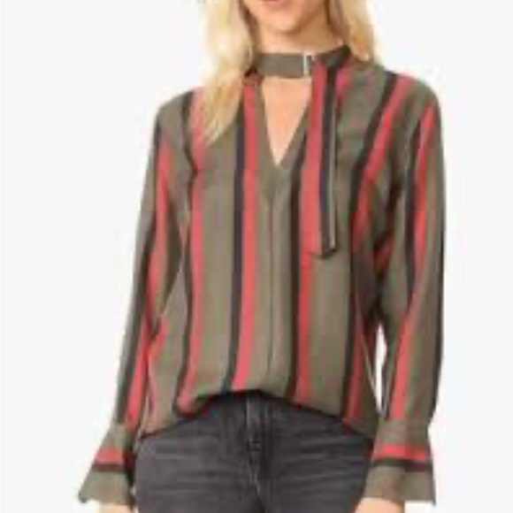 Equipment Olive and Red Striped Blouse - Picture 1 of 12